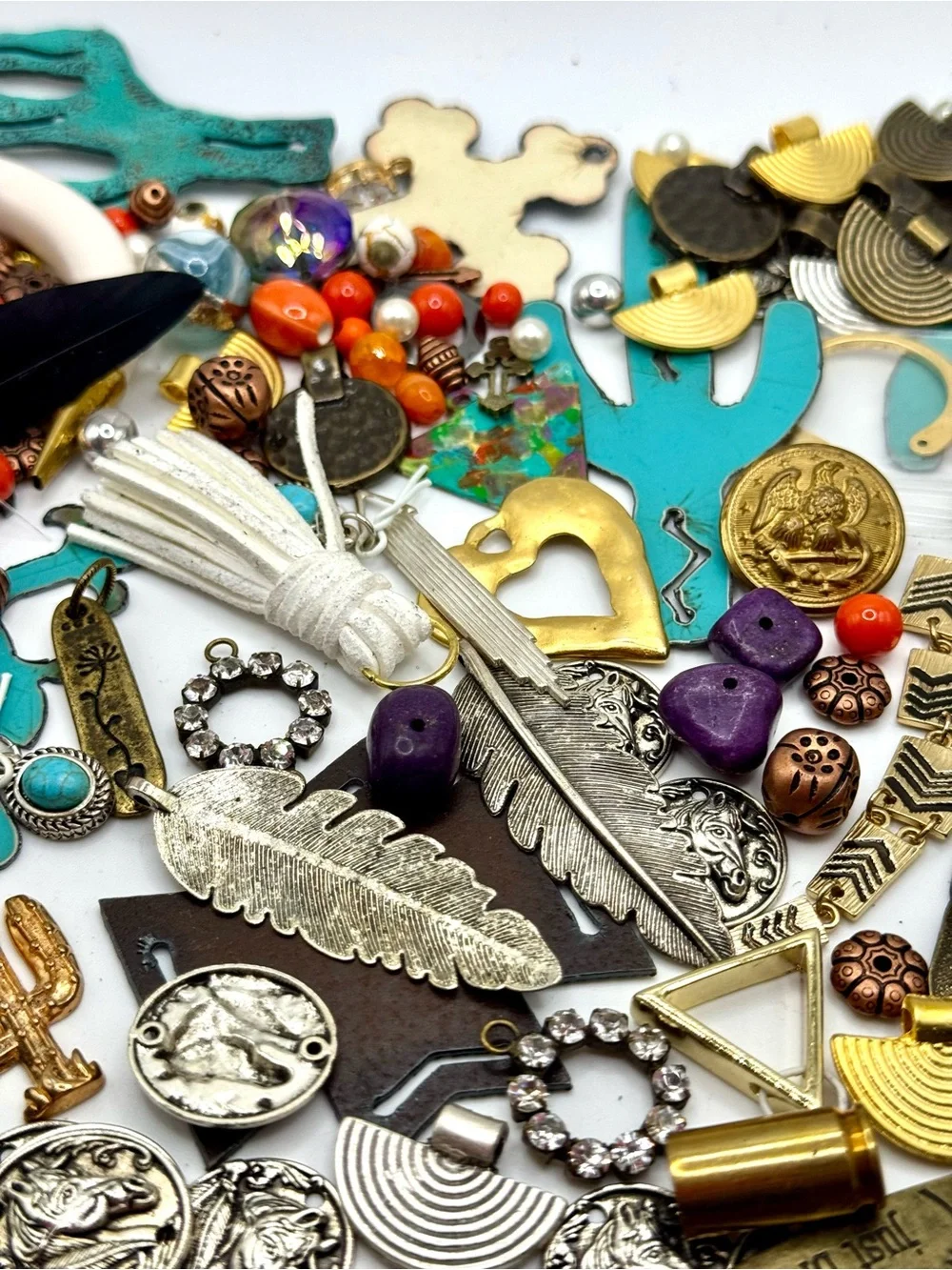Vintage Western Boho  Mixed Metal and Turquoise Charm Set Findings box 36